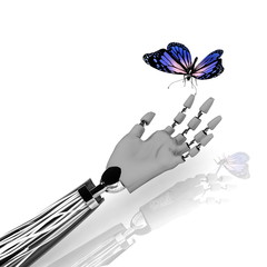 The butterfly on a hand of the robot