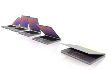 Isolated curved lineup of laptops next to each other