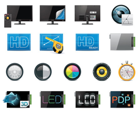 Vector TV features and specifications icon set