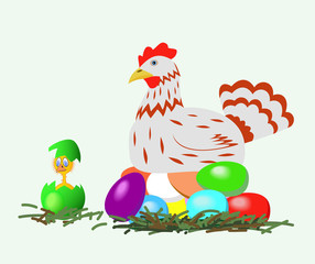 Hen and chicken with Easter eggs.