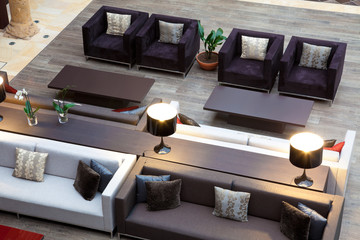 top view of a sofas area in an hotel lobby