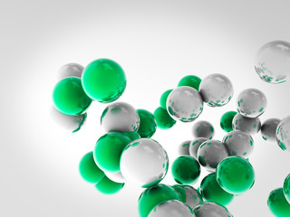 Flying balls, atoms, created in Cinema 4D. Background