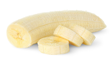 Isolated banana. Peeled banana slices isolated on white background