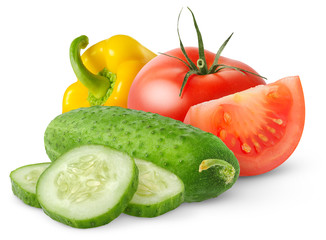 Isolated fresh vegetables. Salad ingredients (cut tomato, cucumber and bell pepper) isolated on white background
