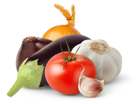 Isolated Vegetables. Fresh Eggplants, Tomato, Onions And Garlic Isolated On White Background