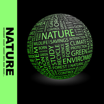 NATURE. Globe with different association terms.