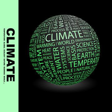 CLIMATE. Globe with different association terms.