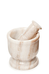 Marble mortar and pestle on white