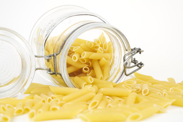 Italian Pasta, penne rigate, in a glass jar