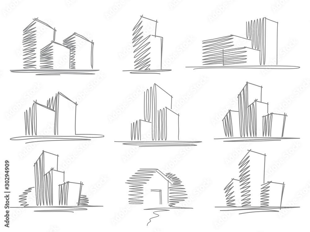 Wall mural sketches of buildings