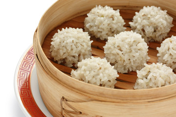 rice meatballs in the  bamboo steamer , chinese food