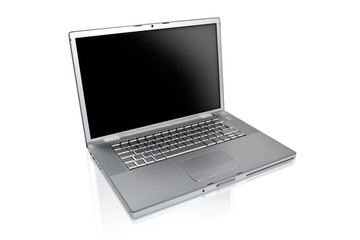 a silver laptop on a white background