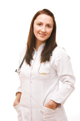 Portrait of a young female doctor over white background