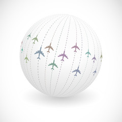Globe with plane signs. Vector illustration.