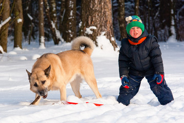 Dog and little boy playing in winter forest