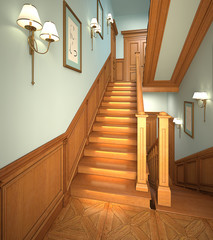 Wood stairs in the modern house.