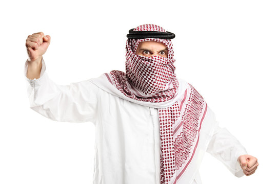 A Furious Arab Man With Covered Face Protesting