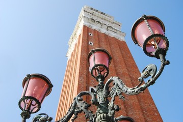 Fototapeta na wymiar Upward perspective of Campanile bell tower in Venice
