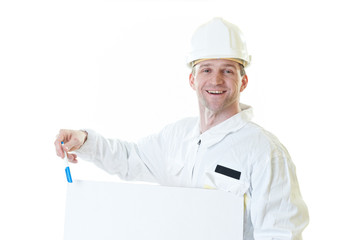 Builder man with blank and pen