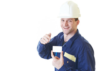 Builder man in blue robe with visit card