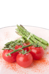 Close up asparagus and tomatoes