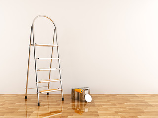 Construction ladder on a white wall. Stepladder 3D
