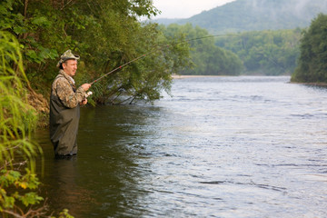 Fisherman catches of salmon (pink salmon) on the river