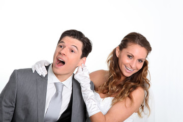 Married couple expressions on white background