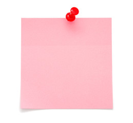 Blank pink post-it note with red push pin on white background