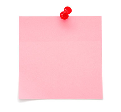 Blank pink post it note with red push pin on white background