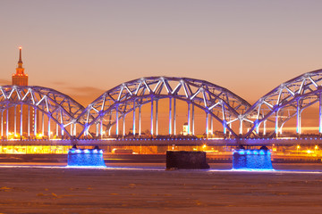 Illuminated railway bridge