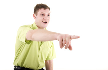 Smart young man pointing at something