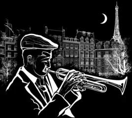 Fotobehang Illustratie Parijs trompettist op een grunge-achtergrond