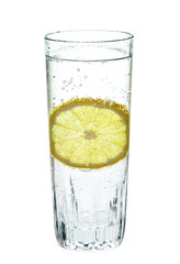 Lemon, in a glass of sparkling water