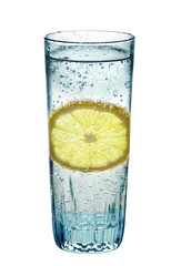 Lemon, in a glass of sparkling water