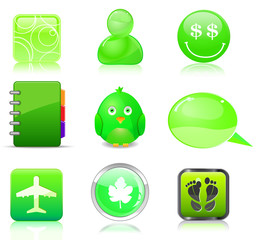 green icon set - avatar, smile, note, bird, chat, leaf, plane, f