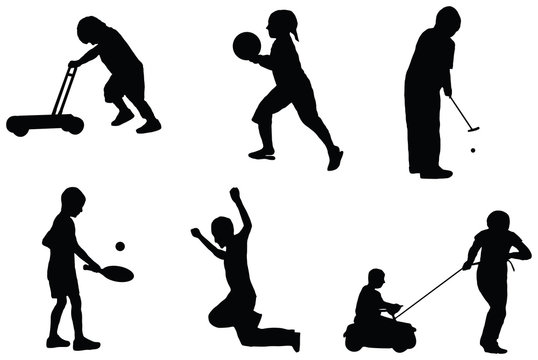 vector silhouette set of children playing with toys