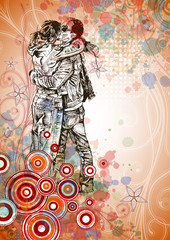 Fototapeta na wymiar Vector illustration: Two lovers kissing & floral calligraphy orn