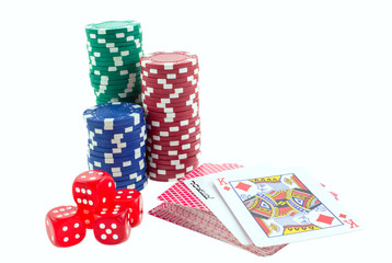 poker chips, cards and red dice cubes