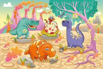 Keuken spatwand met foto Dinosaurussen in een prehistorisch landschap. vector illustratie © ddraw