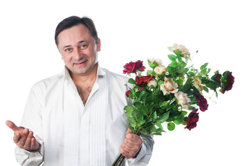 A man with a bouquet of roses
