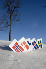 Nordic Europe country cards symbols on snow