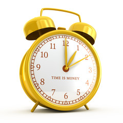 Golden alarm clock with time is money sign isolated on white