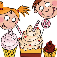 Fuuny children with heap wonderful sweets