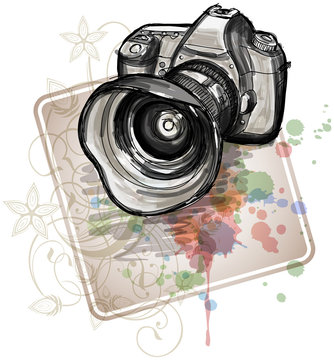 Color Sketch Of A Digital Photo Camera  & Floral Calligraphy Orn