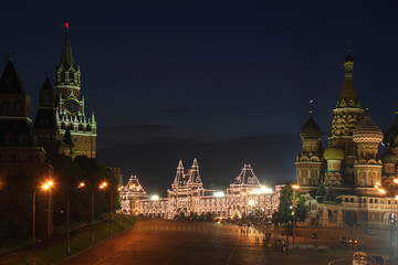 Spassky Tower and St Basil's Cathedral in Red Square at night