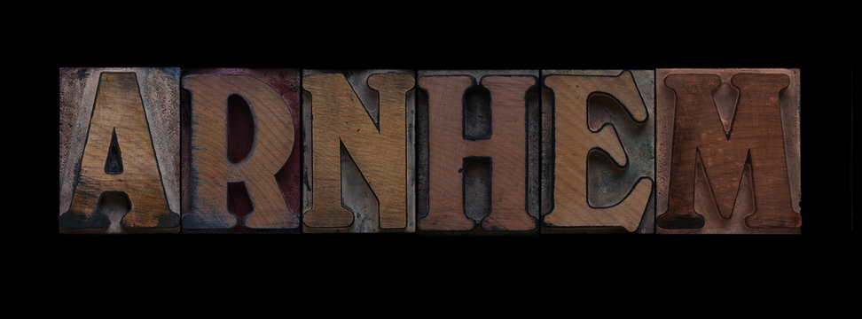 the word Arnhem in old letterpress wood type