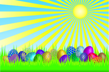 Easter  vector card, eggs in grass