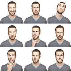 young man face expressions composite isolated on white backgroun