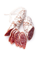 Sliced dry salami, isolated on white background